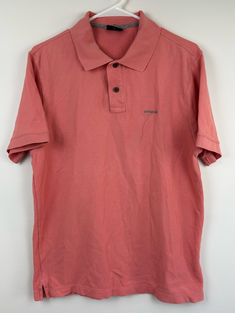Patagonia Men's Belwe Pique Polo Coral-Pink Medium Worn Wear 100% Organic Cotton